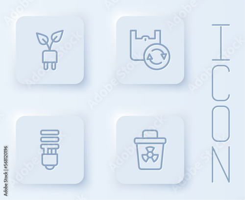 Set line Electric saving plug in leaf, Shopping bag with recycle, LED light bulb and Infectious waste. White square button. Vector