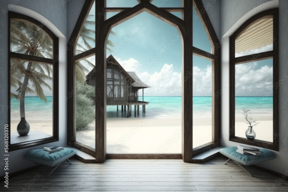 3d wallpaper view of the sea and a bungalow from the window of a beach house