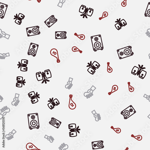 Set line Conga drums, Stereo speaker, Guitar neck and Bandura on seamless pattern. Vector