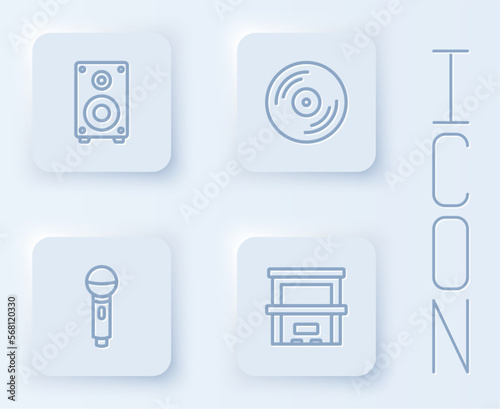 Set line Stereo speaker, Vinyl disk, Microphone and Piano. White square button. Vector