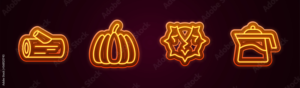 Obraz premium Set line Wooden log, Pumpkin, Chestnut and Teapot. Glowing neon icon. Vector