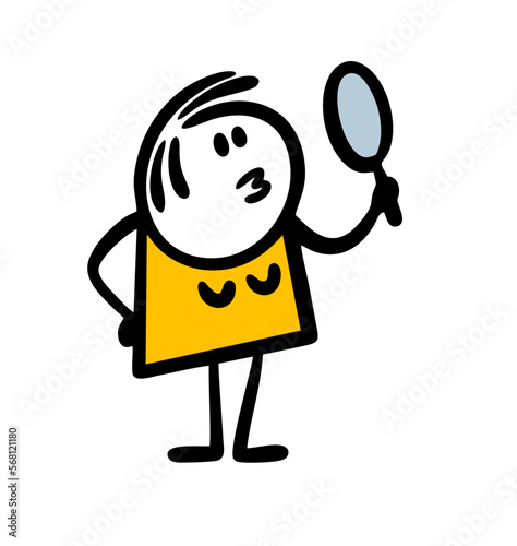 Young cartoon woman looking on herself in a mirrow.