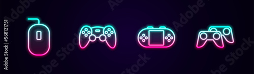 Set line Computer mouse, Game controller or joystick, Portable video game console and . Glowing neon icon. Vector