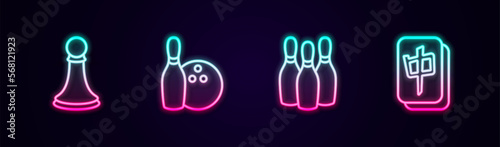 Set line Chess pawn, Bowling pin and ball, and Mahjong pieces. Glowing neon icon. Vector