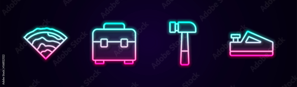 Set line Wooden beam, Toolbox, Hammer and plane tool. Glowing neon icon. Vector Set line Wooden beam, Toolbox, Hammer and plane tool. Glowing neon icon. Vector