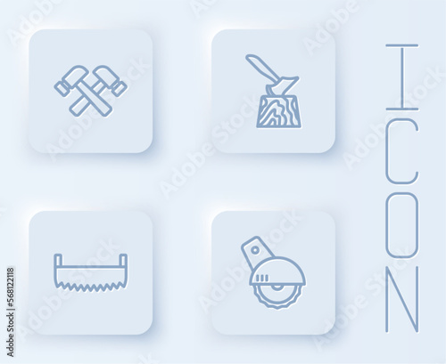 Set line Crossed hammer, Wooden axe in stump, Two-handed saw and Electric circular. White square button. Vector