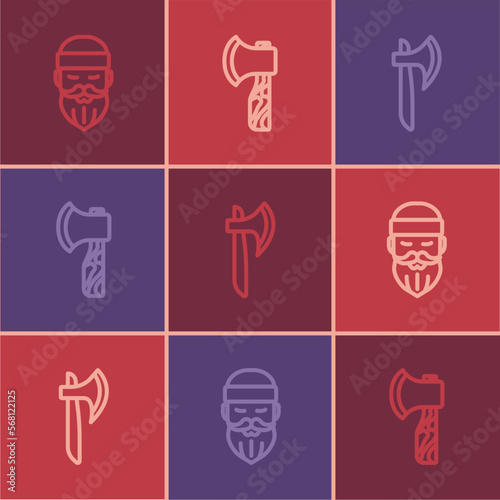 Set line Lumberjack, Wooden axe and icon. Vector