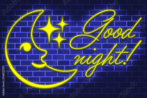 neon light moon,stars and good night text,against dark blue brick wall,3D illustration