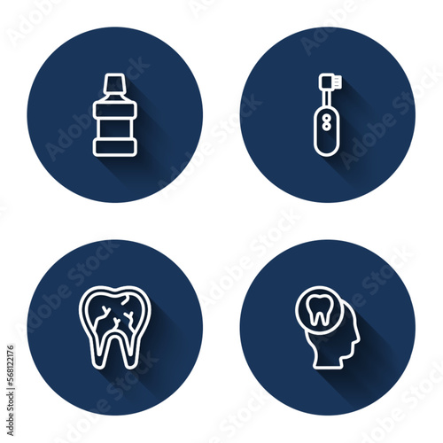 Set line Mouthwash, Electric toothbrush, Broken and Toothache with long shadow. Blue circle button. Vector
