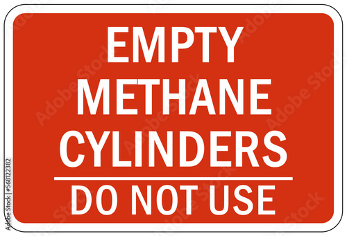 Methane warning chemical sign and labels empty methane cylinders ready for use