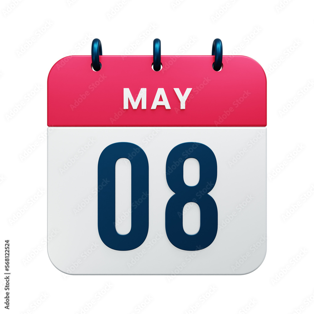 May Realistic Calendar Icon 3D Rendered Date May 08 May Realistic Calendar Icon 3D Rendered Date May 08