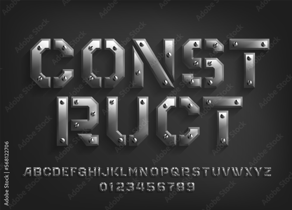 Construct alphabet font. Metal letters and numbers with screws. Stock