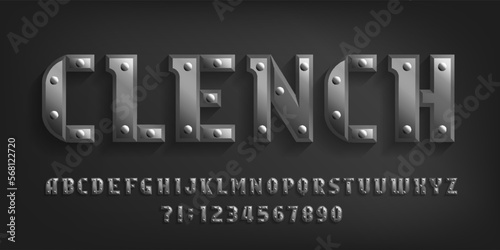 Clench alphabet font. Riveted metal letters and numbers. Stock vector typeface for your typography design.