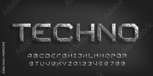 Techno alphabet font. Metal letters and numbers with rivets. Stock vector typeface for your typography design.
