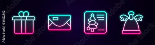 Set line Gift box, Envelope, Christmas postcard and Angel. Glowing neon icon. Vector