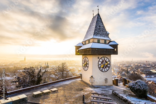 The Uhrturm at the Schloßberg hill, the landmark of the UNESCO heritage city of Graz in Austria