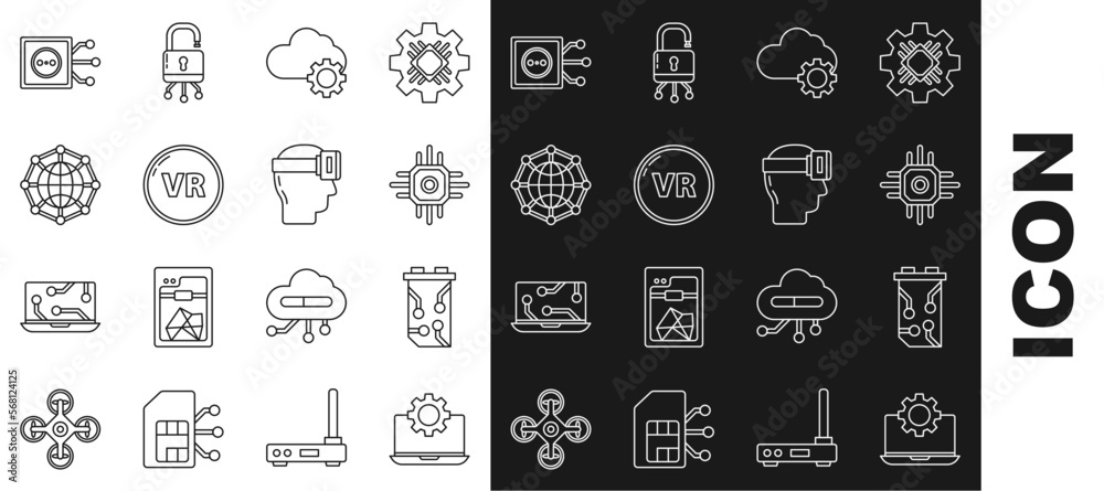 Set line Laptop and gear, Video graphic card, Processor, Cloud technology data transfer storage, Virtual reality, Global social network, Remote control and glasses icon. Vector Set line Laptop and gear, Video graphic card, Processor, Cloud technology data transfer storage, Virtual reality, Global social network, Remote control and glasses icon. Vector