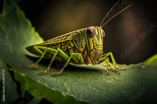 Grasshopper macro photography on a leaf in a forest, an insect that feeds on plants and has long hind legs for jumping. Generative AI © AkuAku