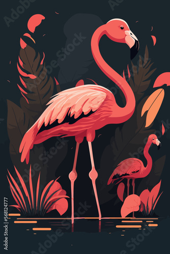 Flamingo vector illustration. Flamingo in a tropical forest