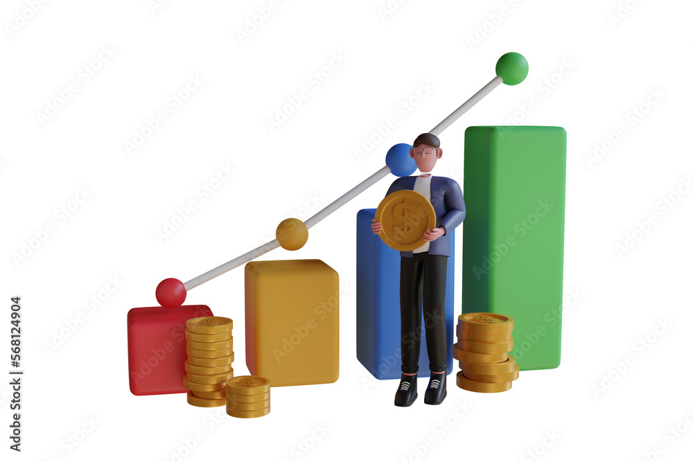 3D Illustration of businessman holding a gold coin. Earning money, increasing capital, the pursuit of money, capital gains, cash gains concept 3D Illustration of businessman holding a gold coin. Earning money, increasing capital, the pursuit of money, capital gains, cash gains concept
