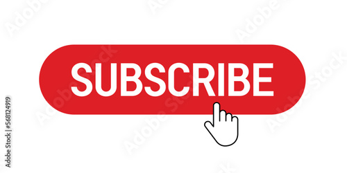 Subscribe button with hand cursor. Social media, web, subscribe to channel. Vector illustration