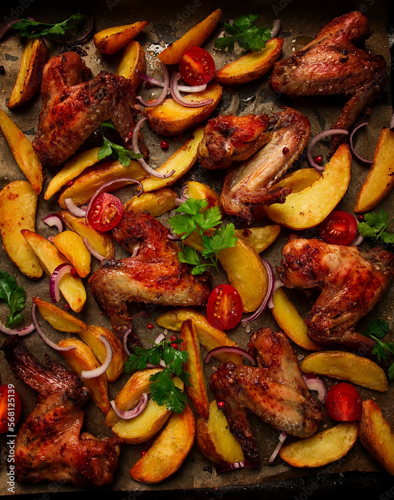 Fried chicken wings, with potatoes, and spices, homemade, fast food, no people, Fried chicken wings, with potatoes, and spices, homemade, fast food, no people,