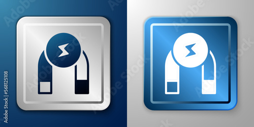 White Magnet icon isolated on blue and grey background. Horseshoe magnet, magnetism, magnetize, attraction. Silver and blue square button. Vector