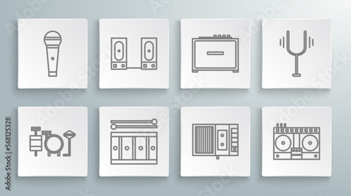 Set line Drums, Stereo speaker, with drum sticks, Music tape player, DJ remote for playing and mixing music, Guitar amplifier, Musical tuning fork and Microphone icon. Vector