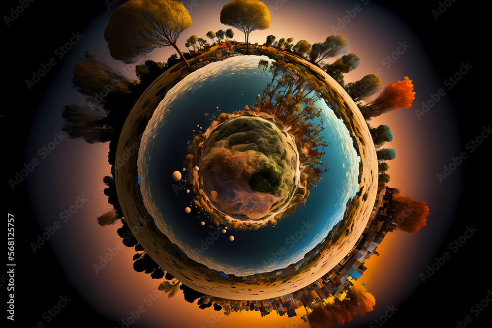 Tiny planet of a fantasy place in the earth where we see urban and ...