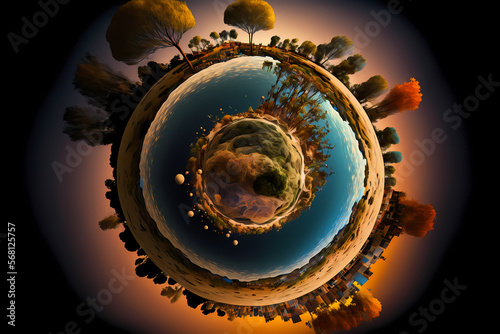 Tiny planet of a fantasy place in the earth where we see urban and nature in the same image Generative Ai