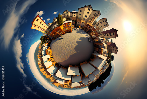 Tiny planet of a fantasy place in the earth where we see urban and nature in the same image Generative Ai photo