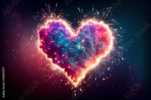 heart of fireworks, fireworks show in the shape of love heart, colorful sky in night. Generative Ai