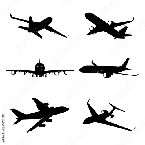 Vector Silhouette Illustrations of Commercial Airplanes on white background