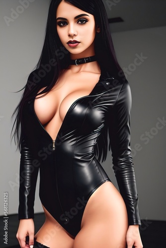 Beautiful sexy gothic woman in a black bodysuit in an erotic pose posing with her hands on her hips and legs crossed, fantasy style, gothic. Generative AI
