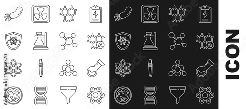 Set line Chemical formula, Test tube and flask chemical, on stand, Biohazard symbol shield, Bacteria and Molecule icon. Vector