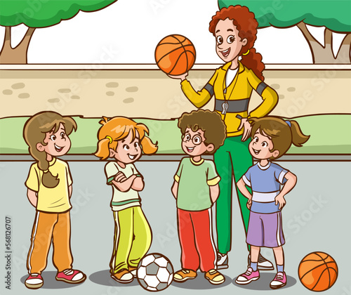 students and teacher in sports lesson cartoon vector