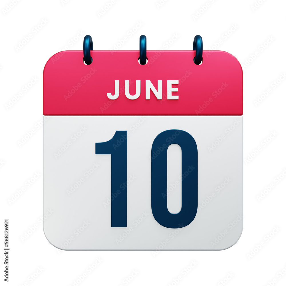 June Realistic Calendar Icon 3D Rendered Date June 10 June Realistic Calendar Icon 3D Rendered Date June 10