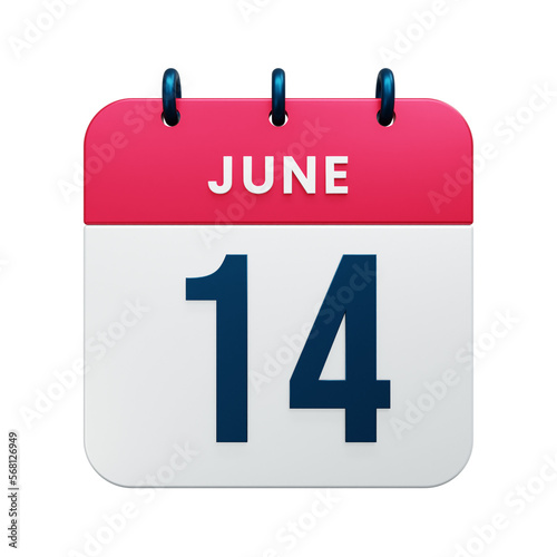 June Realistic Calendar Icon 3D Rendered Date June 14