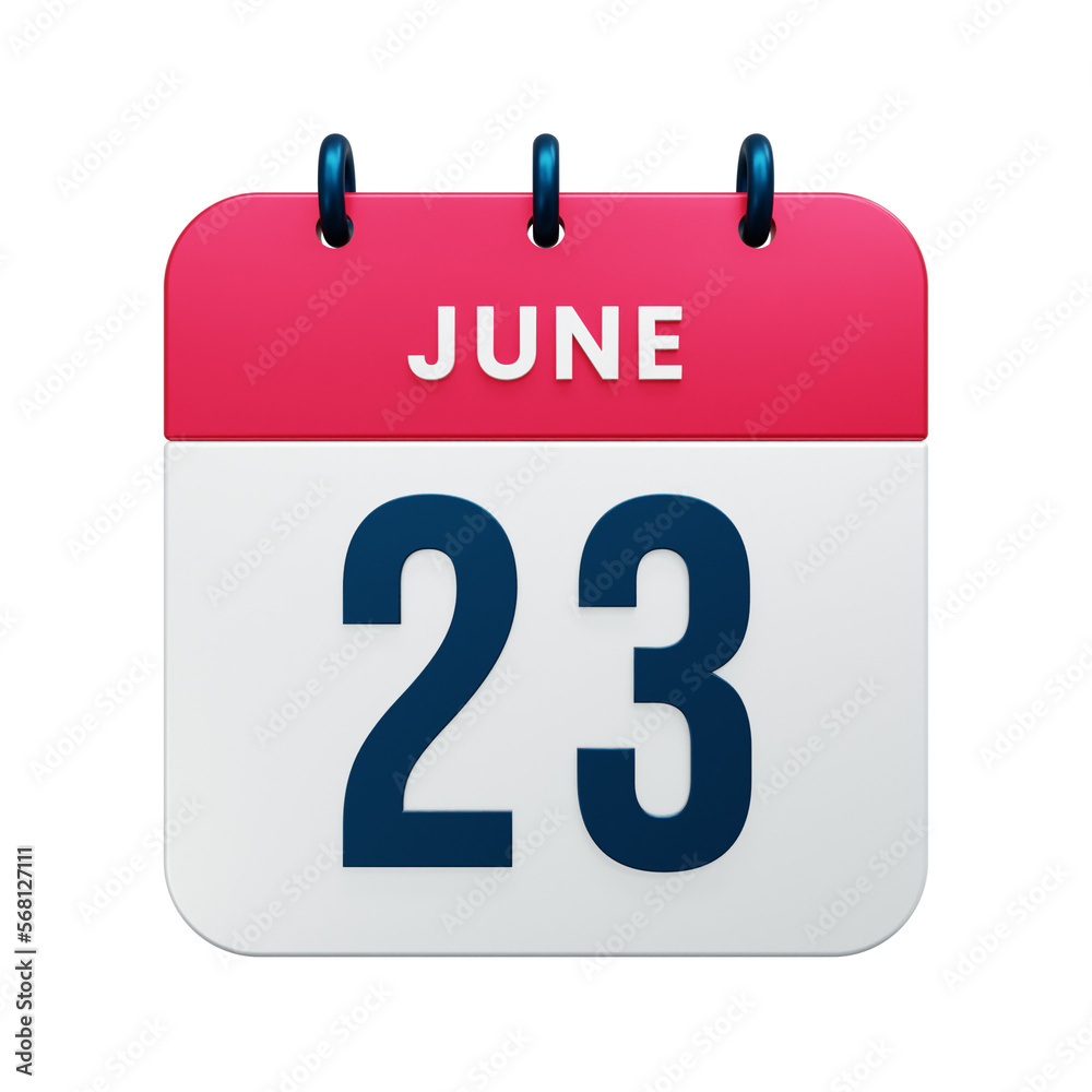 June Realistic Calendar Icon 3D Rendered Date June 23 June Realistic Calendar Icon 3D Rendered Date June 23