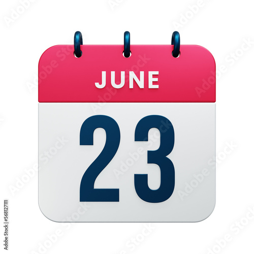 June Realistic Calendar Icon 3D Rendered Date June 23
