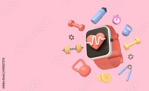 3d plastic water bottle, dumbbell, fitness bracelet or smart watch, Kettlebells, stopwatch .healthy lifestyle, sport and fitness concept. illustration isolated on pink background. 3D rendering