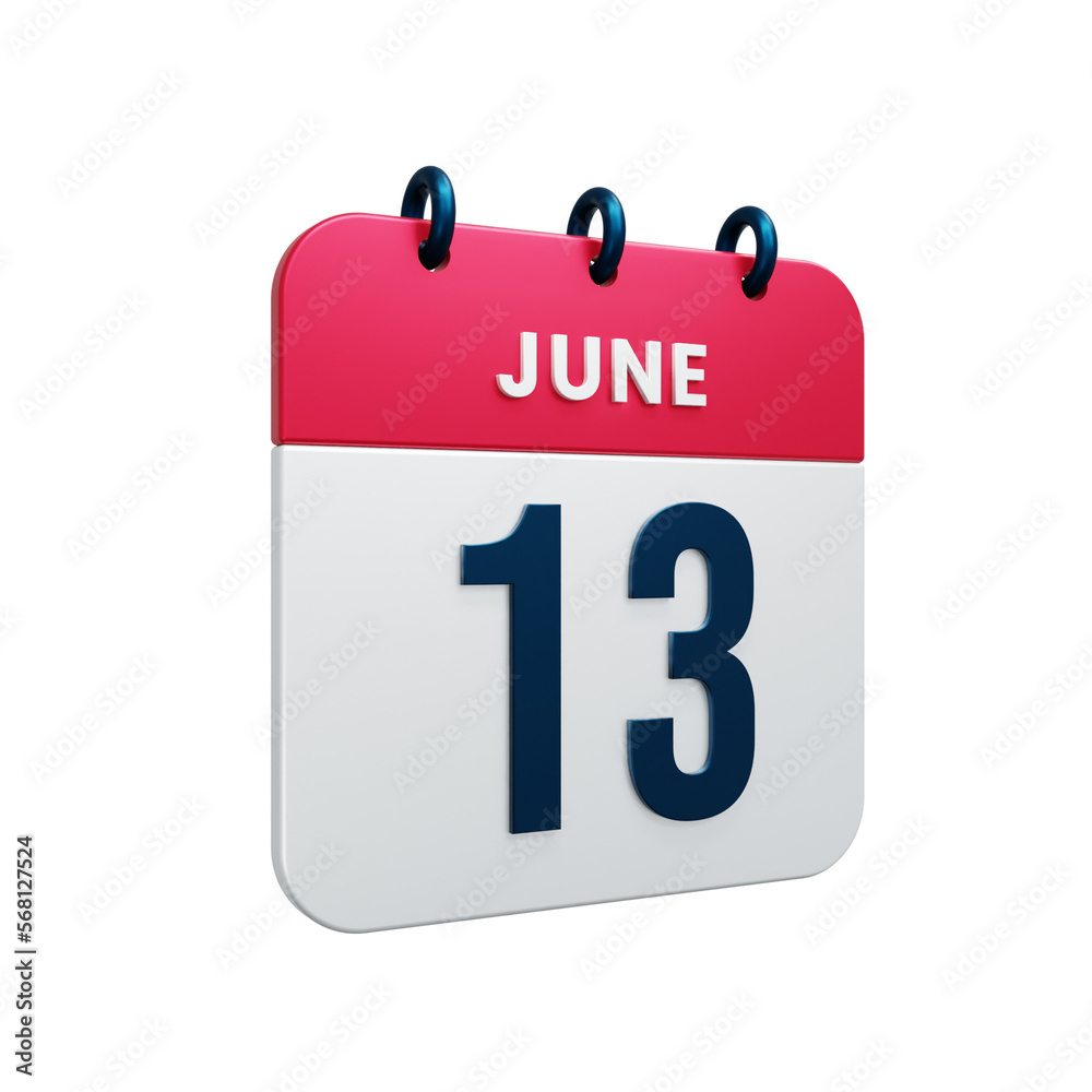 June Realistic Calendar Icon 3D Rendered Date June 13 June Realistic Calendar Icon 3D Rendered Date June 13