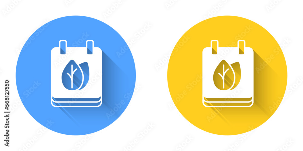 White Calendar with autumn leaves icon isolated with long shadow background. Circle button. Vector White Calendar with autumn leaves icon isolated with long shadow background. Circle button. Vector