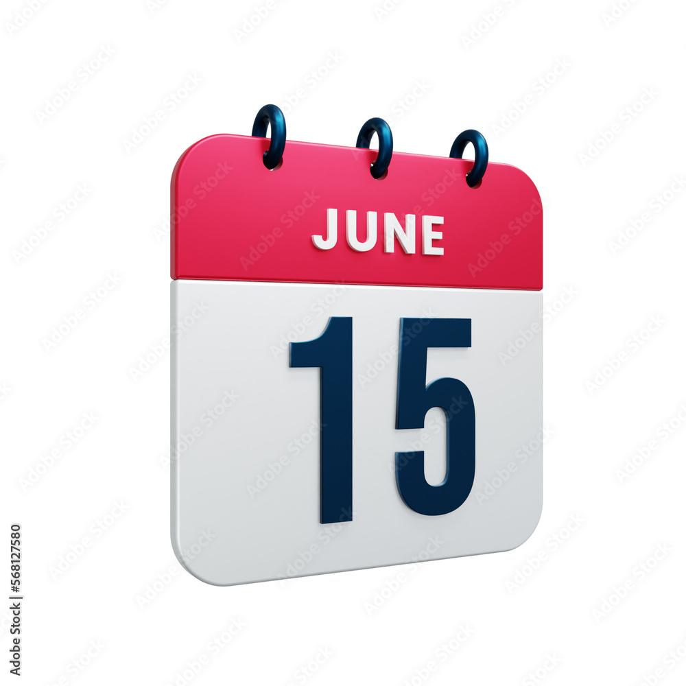June Realistic Calendar Icon 3D Rendered Date June 15 June Realistic Calendar Icon 3D Rendered Date June 15