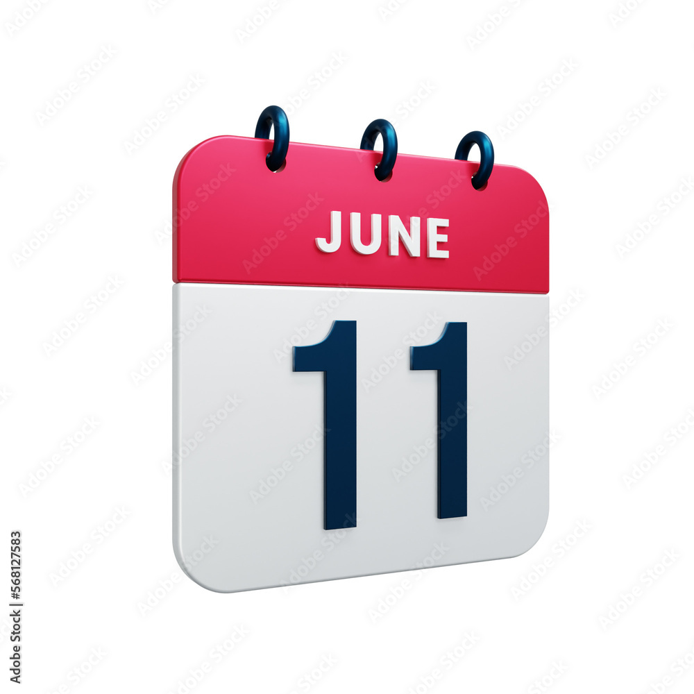June Realistic Calendar Icon 3D Rendered Date June 11 June Realistic Calendar Icon 3D Rendered Date June 11