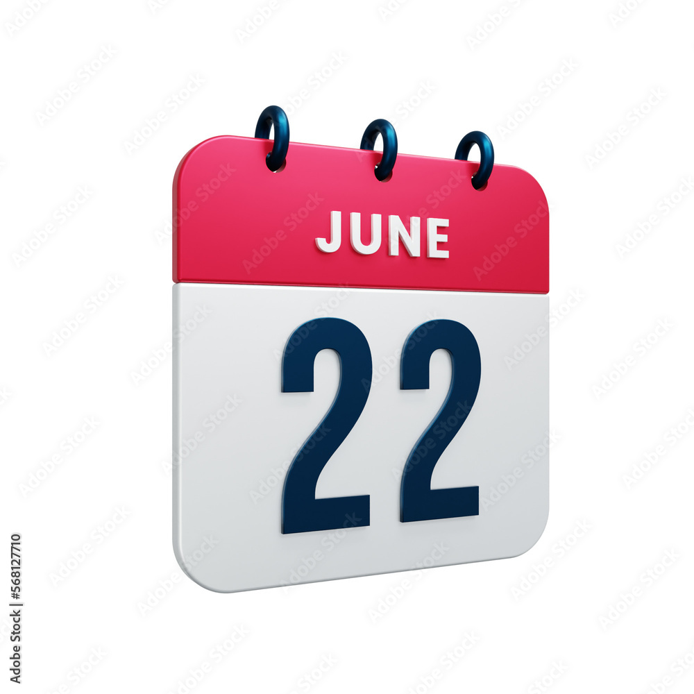 June Realistic Calendar Icon 3D Rendered Date June 22 June Realistic Calendar Icon 3D Rendered Date June 22