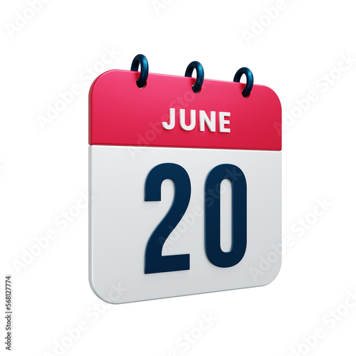 June Realistic Calendar Icon 3D Rendered Date June 20