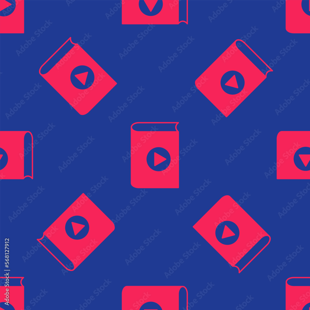 Red Audio book icon isolated seamless pattern on blue background. Play button and book. Audio guide sign. Online learning concept. Vector Red Audio book icon isolated seamless pattern on blue background. Play button and book. Audio guide sign. Online learning concept. Vector