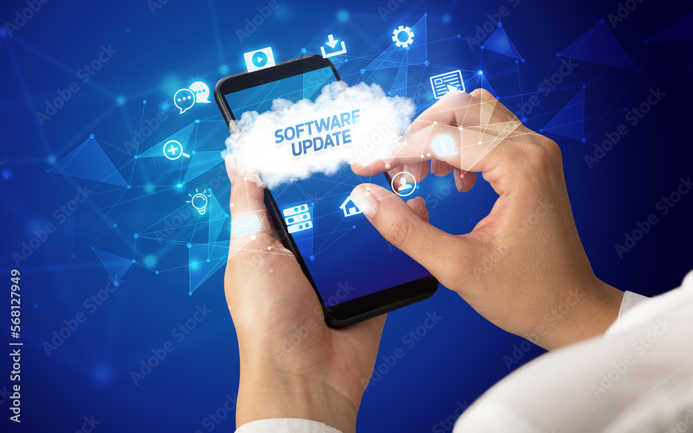 Hand using smartphone with cloud technology concept Hand using smartphone with cloud technology concept
