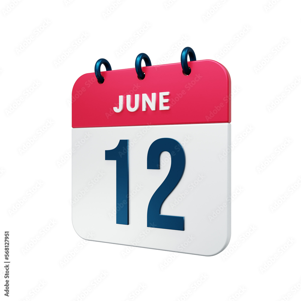 June Realistic Calendar Icon 3D Rendered Date June 12 June Realistic Calendar Icon 3D Rendered Date June 12